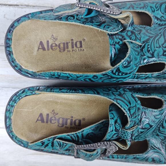 ALEGRIA Mules, Clogs, Slip Ons Greenish/Bluish Leather w/a Floral Pattern - Picture 6 of 8